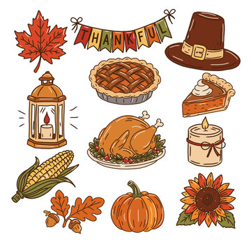 Hand drawn Thanksgiving vector set with pumpkin, roasted turkey, pumpkin pie, autumn leaves, corn, sunflower, festive table setting and gratitude signs in warm seasonal colors.