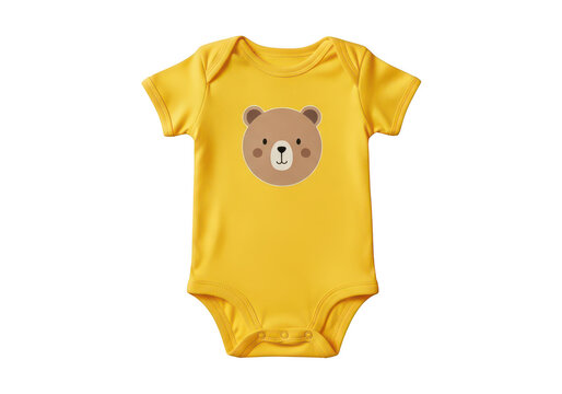 Yellow baby bodysuit with bear print isolated on transparent background