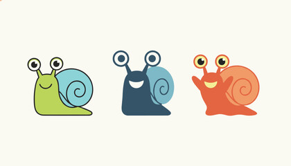 Fototapeta premium Three adorable cartoon snails in green, blue, and orange colors with friendly expressions on a light cream background.