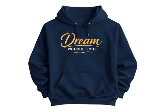 Navy blue hoodie with motivational text dream without limits, inspirational quote.