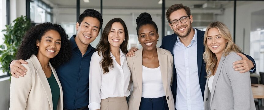 six smiling corporate professionals standing together with arms around each other and looking at camera in modern office