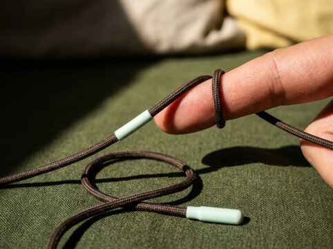 Close up cord wrapped around finger on olive fabric background