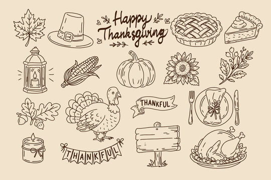 Hand drawn Thanksgiving doodle set with turkey, pumpkin, pie, corn, sunflower, autumn leaves, lantern, candle, festive table setting, banners and gratitude lettering.