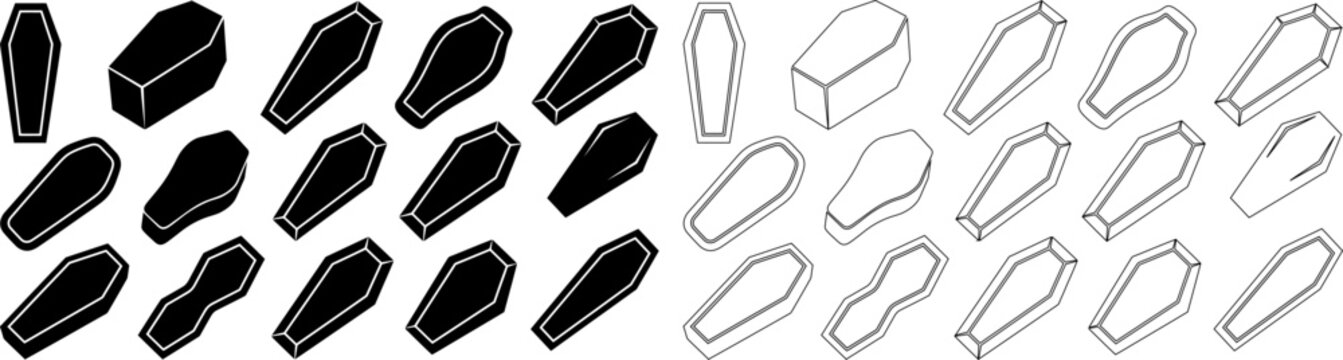 Gothic coffin icon set, 30 black and white casket vector elements, spooky funeral silhouettes and line art for Halloween design