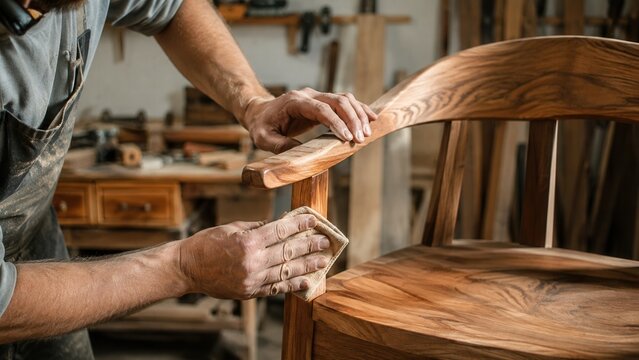 Craftsman polishing wooden chair by hand while restoring furniture in traditional woodworking workshop