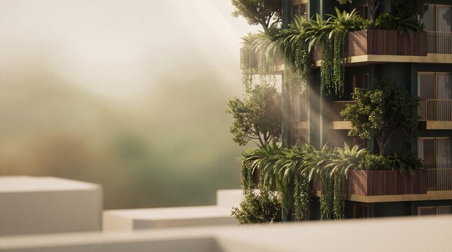 sustainable architecture, a sustainable skyscraper adorned with a lush vertical forest in morning light