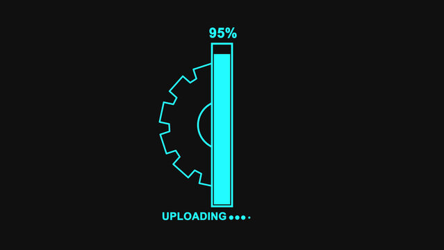 Blue digital progress bar with a gear icon showing ninety five percent upload status on a dark screen for technology and computer data transfer concepts