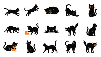 Obraz premium Set of black cats in various poses and actions for halloween design with black cat silhouettes jumping cat sitting cat playing walking cat