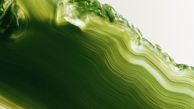 A green agate slice with unique banded layers backlit. The slice is placed on a luxurious backdrop that enhances its beauty.