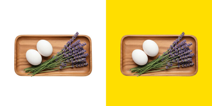 Two white chicken eggs and fresh purple lavender flowers on a small wooden serving tray transparent png