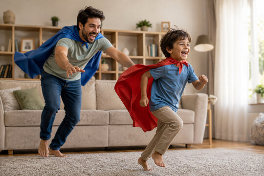 Playful Father Chasing Son Wearing Superhero Capes at Home