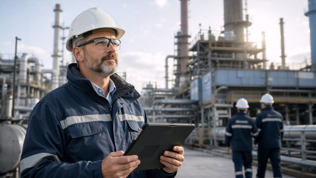 Engineer Inspecting Industrial Plant with Digital Tablet