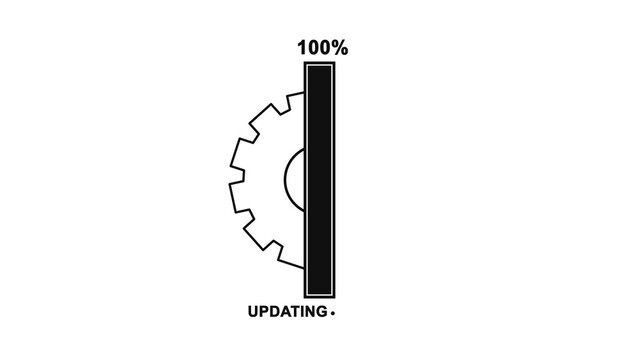 Black and white loading bar icon with a gear symbol showing one hundred percent progress and the word updating for computer software installation process
