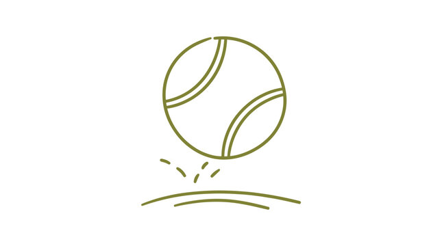 Minimalist tennis icon vector, bouncing green ball line art. Sport activity symbol, court game logo element. Simple stroke design, athletic concept.