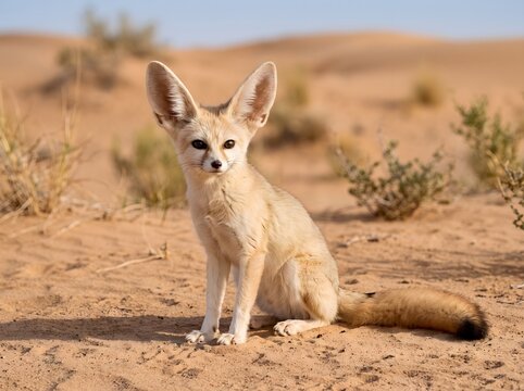 Fennec fox sitting on sand in desert