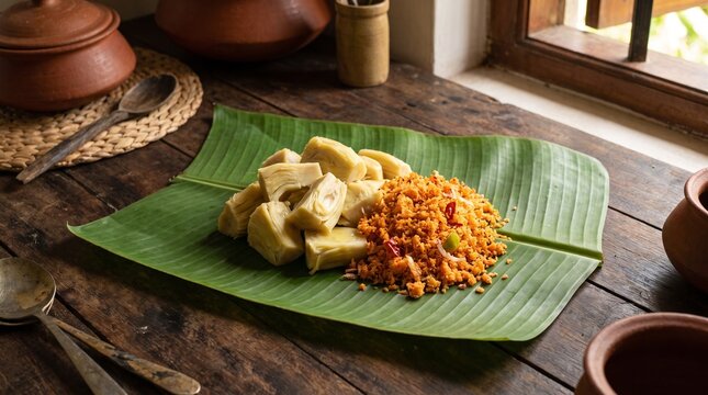 Traditional Sri Lankan Boiled Jackfruit Kos Served with Spicy Coconut Sambal and Fresh Grated Coconut on Banana Leaf