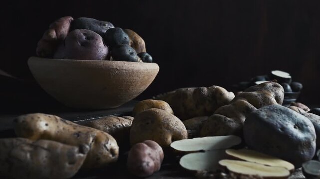 Assorted native Peruvian potatoes and purple chips in a rustic setting.