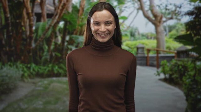 Woman clapping hands on a forest path near green park shrubs, wearing brown turtleneck, smiling and raising arms in motion; joy celebration.