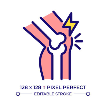 Acute joint discomfort pixel perfect line color icon. Sudden physical injury and knee inflammation. Dealing with chronic arthritis pain. Filled outlined pictogram. Flat vector illustration