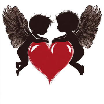 Two silhouettes of winged cherubs touching a large red heart with cherub silhouettes winged angels valentine design cupid figures valentines day
