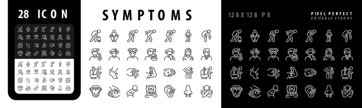 Symptoms pixel perfect black and white line icons set. Common human sickness indicators. Physical pain and body discomforts. Daily health monitoring. Clean outline pictograms for light and dark mode