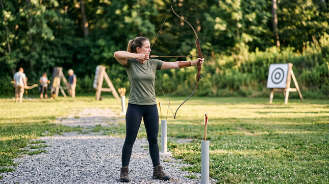 Woman practicing archery aiming at target in an outdoor field