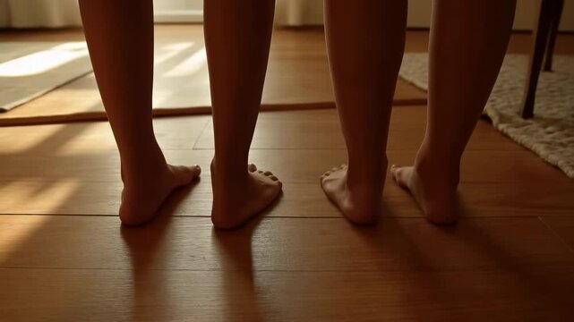 Two barefoot people shift their feet while standing side by side on a warm wooden floor, seen from a low rear angle as soft sunlight casts long shadows across the room