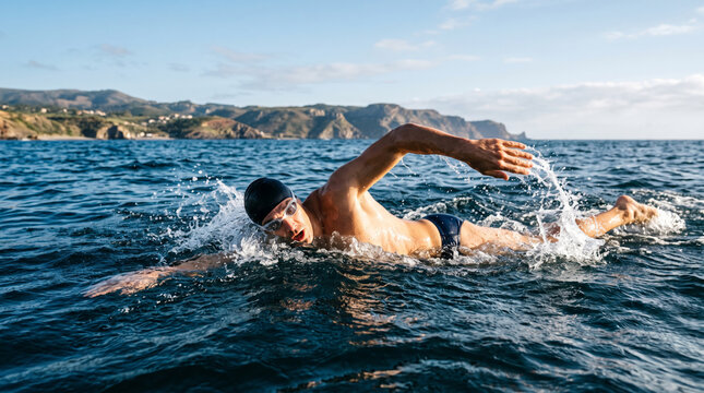 Man swimming freestyle in the ocean with coastal hills in the background