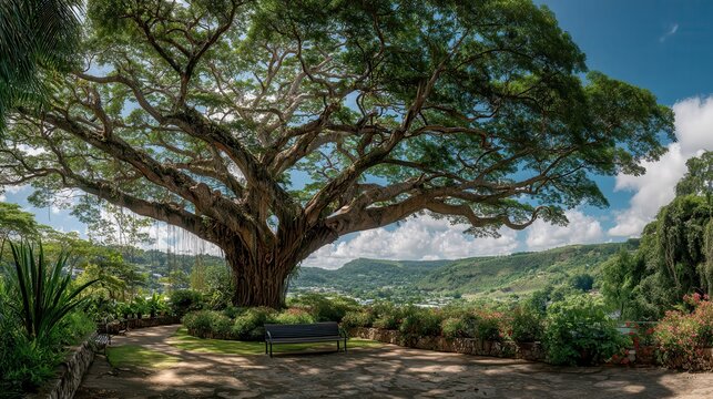 Majestic Monkeypod tree with expansive branches in a lush tropical landscape under bright daylight with a scenic valley view