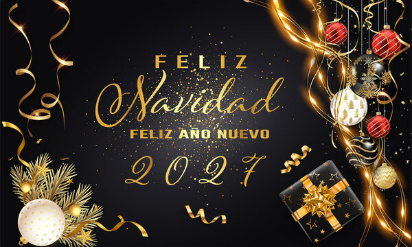Tarjeta o banner con el mensaje &laquo;Feliz Navidad y Pr&oacute;spero A&ntilde;o Nuevo 2027&raquo; en letras doradas sobre fondo negro, decorado con bolas de Navidad, regalos, ramas de abeto y serpentinas.