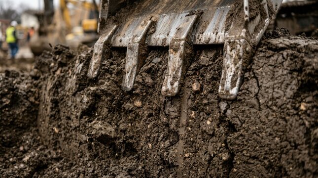 Excavator bucket teeth cutting into packed wet soil with a steel edge and gritty dirt texture.
