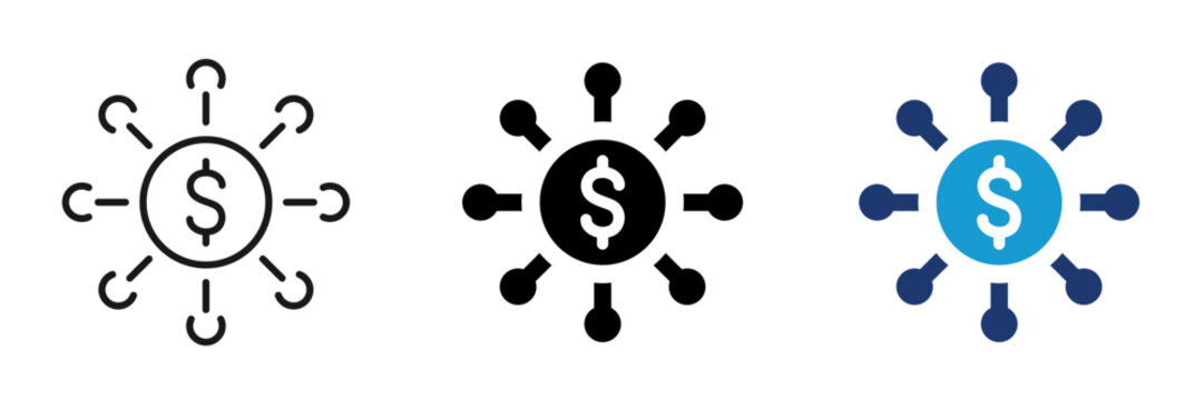 Financial network icon set. Distribution, money, circle, node. Flat and Line style collection.