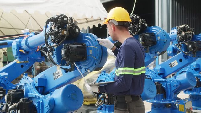 Workers maintaining robotic arm in factory