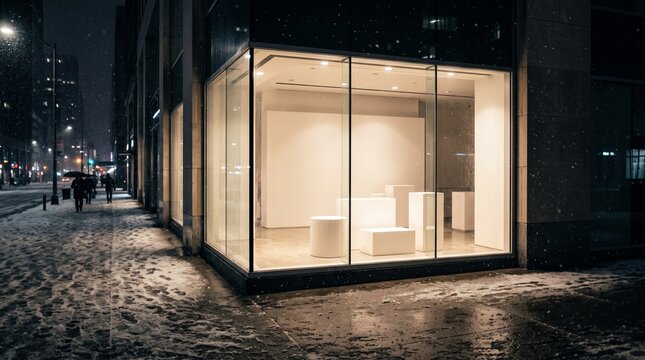 Empty high end retail storefront window with blank display podiums in snow
