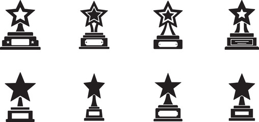 Naklejka premium Black star trophies on pedestals in silhouette style for iconic awards, victory, achievement and success