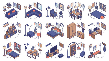 Fototapeta premium Modern Illustrated Isometric Infographic Showing Smart Home Device Placements in Various Rooms with Blue and Orange Color Scheme