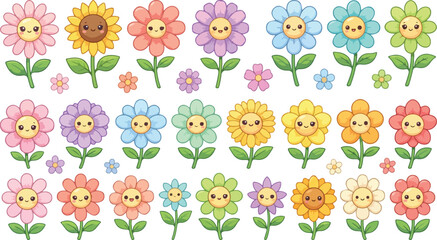 Fototapeta premium A collection of colorful hand drawn cartoon flowers with cute happy faces isolated on a clean white background design