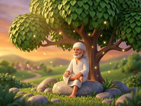 Cartoon Illustration of Sai Baba Sitting Under a Banyan Tree with Fireflies
