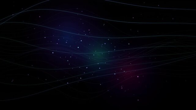 Abstract cosmic particles on black background, glowing nebula dust with flowing lines, futuristic digital space motion graphics
