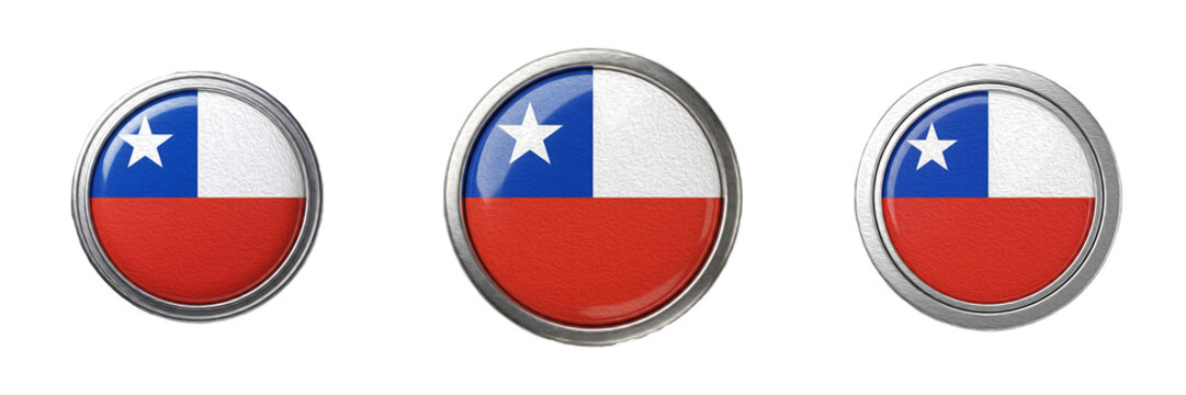 Glossy Round Chile Flag Badge Button Set Isolated on White Background