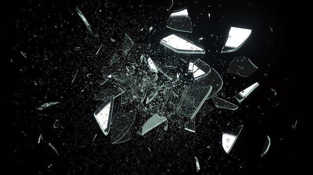 Shattered glass shards exploding in high speed motion against a dark black background for impact