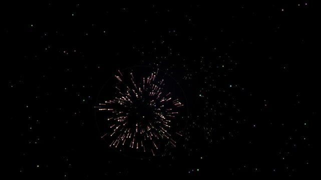 Golden fireworks explosion in night sky, festive pyrotechnic display for celebration, sparkling firework bursts on black background