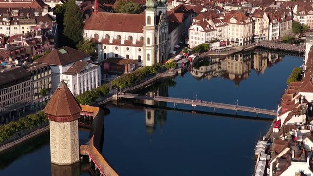 Reuss river Lucerne central Switzerland edge of Lake Lucerne aerial drone landscape