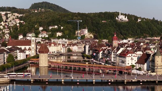 Historic city of Lucerne Switzerland famous covered Chapel Bridge over Reuss river