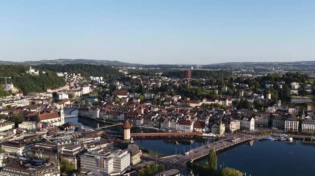 Aerial view of Lucerne Switzerland Chapel Bridge over Reuss River drone Europe