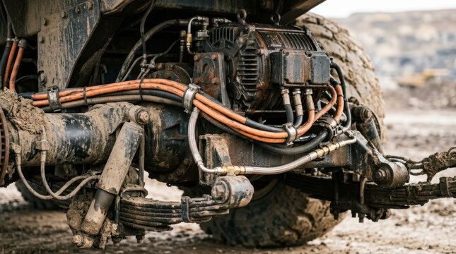 Electric drivetrain under a mining truck with axle, suspension, cooling pipes, cable runs, and mud-spattered components.