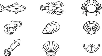 Obraz premium A collection of seafood monoline icons featuring various marine life