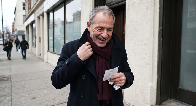 Mature man smiling while reading a small paper receipt or note on a city sidewalk, suggesting everyday errands, shopping, personal finance, or good news.