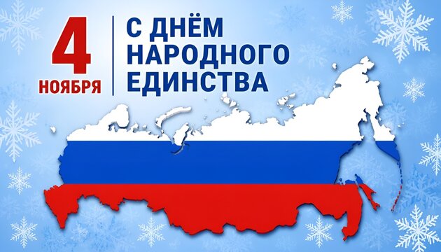 Russia Unity Day 4 November banner with Russian flag map and snowflakes