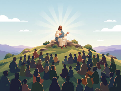 Jesus teaching the crowd on the mount with divine light vector illustration